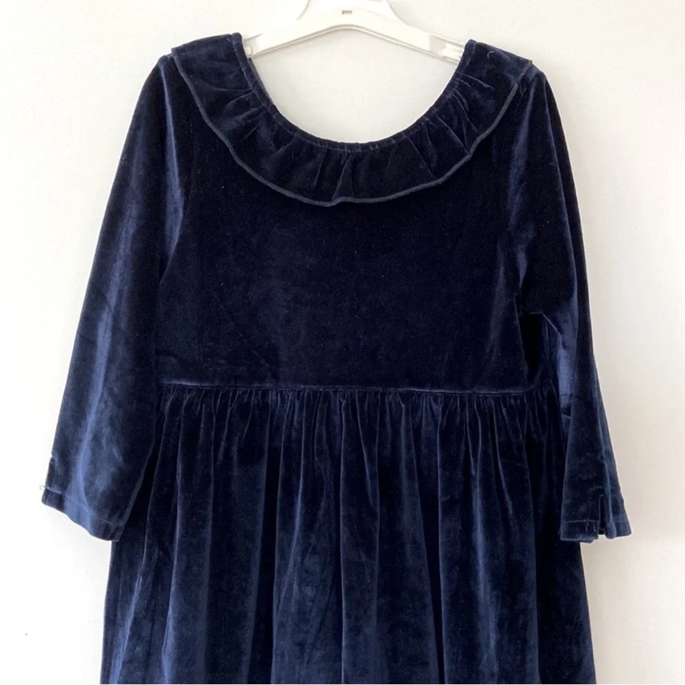 Pink Chicken Rich Navy Velvet Party Occasion Dress w Ruffle Collar- 5 T Girl